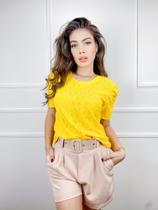 Blusa laise manda curta bufante drapeado gola rasa moda casual fashion