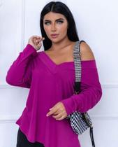 Blusa lisa decote V manga longa feminina viscolaycra