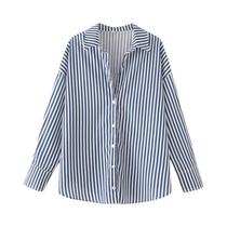 Blusa Listrada Azul E Branca De Manga Longa Para Mulheres, Camisa Com Botões Grandes Para Primavera