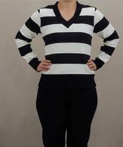 Blusa Listrada Decote V Preta e Off - Tecido Confortável e Estiloso