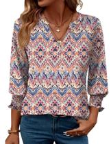Blusa LOMON com estampa floral, manga 3/4, decote em V, feminina, laranja, GG