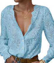 Blusa LUXVEER, blusa de renda para mulheres, manga comprida, azul claro