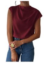 Blusa MakeMechic com gola drapeada e manga curta cor de vinho para mulheres Blusa MakeMechic com gola drapeada e manga curta cor de vinho para mulheres