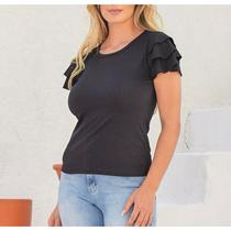 Blusa malha canelada gola rasa manga babado casual feminina