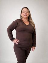 Blusa Malha Suplex Térmica Decote V Com Elastano Feminina Plus Size Marrom Blusa Malha Suplex Térmica Decote V Com Elastano Feminina Plus Size Marrom