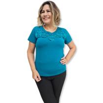 Blusa Malha Viscolycra Manga Curta Com Renda No Busto