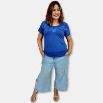 Blusa Malha Viscolycra Manga Curta Com Renda No Busto