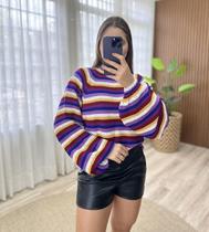 Blusa Manga Bufante Listras Colorida Tricot Mousse