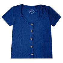 Blusa Manga Curta Basic + com Botões Canelada Azul Blusa Manga Curta Basic + com Botões Canelada Azul