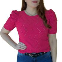 Blusa Manga Curta Bufante Princesa Blusinha em Lese de Malha Linda