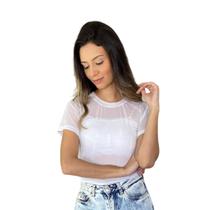Blusa Manga Curta de Tule Branca Blusa Manga Curta de Tule Branca