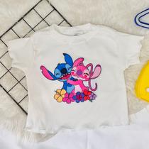 Blusa Manga Curta em Tecido Ribana Estampa Angel e Stitch