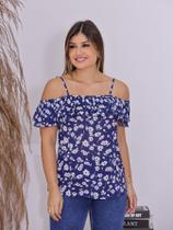 Blusa Manga Curta Feminina Ombro a Ombro Com Babados Chifon Premium e alça Regulável-Azul + Branco Blusa Manga Curta Feminina Ombro a Ombro Com Babados Chifon Premium e alça Regulável-Azul + Branco