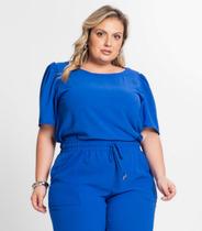 Blusa Manga Curta Feminina Plus Size Secret Glam Azul