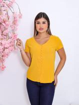 Blusa Manga Curta Tecido Liso em Viscose Italiana Premium de Botões com fechamento Frontal -Amarelo