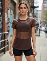 Blusa Manga Curta Tule Transparente Treino Academia Fitness