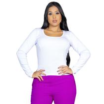 Blusa Manga Longa Básica com Decote em U Moda Feminina