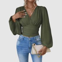 Blusa Manga Longa Bufante Decote Transpassado Duna Lastex - Swisz