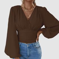 Blusa Manga Longa Bufante Decote Transpassado Duna Lastex