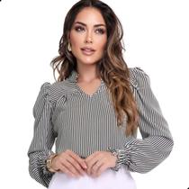 Blusa Manga Longa Bufante Gola V Listrada Feminina Social