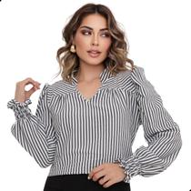 Blusa Manga Longa Bufante Gola V Listrada Feminina Social