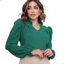Blusa Manga Longa Bufante Gola V Listrada Feminina Social