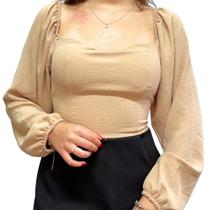 Blusa Manga Longa com Decote Reto e Amarração nas Costas Blusa Manga Longa com Decote Reto e Amarração nas Costas