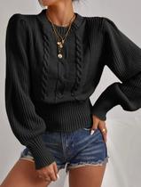 Blusa manga longa detalhada bufante feminina tricot quente moda inverno