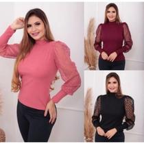 Blusa manga longa feminina canelada tule poa - filo modas