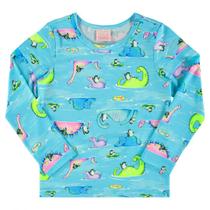 Blusa Manga Longa Infantil Feminina com Proteção UV Azul Dinossauro Quimby