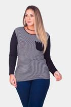 Blusa Manga Longa Malha Visco Frente Listrada com Bolso