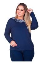 Blusa Manga Longa Malha Visco Gola Listrada com Detalhe e Aplique