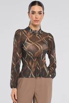 Blusa Manga Longa PKS Tule Estampa Geométrica Marrom
