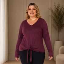 Blusa Manga Longa Plus Size Decote V Com Amarração Em Baixo