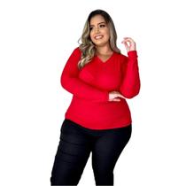 Blusa Manga Longa-plus Size-gola V Cacharrel- Malha Canelada