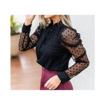 Blusa manga longa princesa poá gola babado laço no decote moda feminina