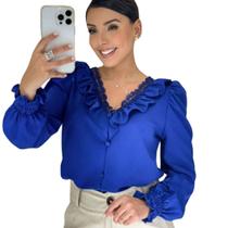 Blusa Manga Longa Social Feminina Gola V Rendinha com Babado Blusa Manga Longa Social Feminina Gola V Rendinha com Babado