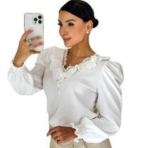 Blusa Manga Longa Social Feminina Gola V Rendinha com Babado