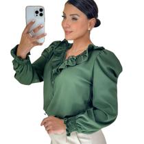 Blusa Manga Longa Social Feminina Gola V Rendinha com Babado - G-Store