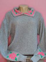 Blusa manga longa Tricot Laura, blusa para inverno, vom detalhes na gola
