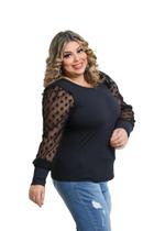 Blusa manga longa tule gola baixa plus size