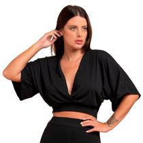Blusa Manga Morcego Cropped Feminino Decote V Canelada Soltinha Manga 3/4