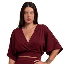 Blusa Manga Morcego Cropped Feminino Decote V Canelada Soltinha Manga 3/4