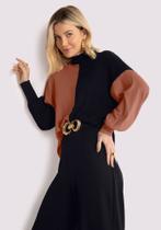 Blusa Mangas Longas Bufantes Malha Canelada Bicolor