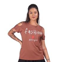 Blusa marrom estampada fashion ombro vazado