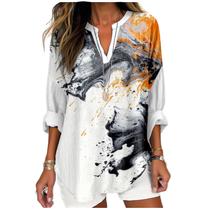 Blusa MARSVOVO com estampa abstrata de mármore com decote em V, manga comprida 2XL Blusa MARSVOVO com estampa abstrata de mármore com decote em V, manga comprida 2XL