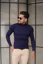 Blusa Masculina Manga Longa Azul Canelada Gola Alta