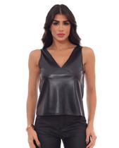 Blusa Material Sintético Feminina Decote V 90468 Preto