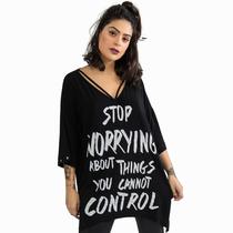 Blusa Max Feminina Estampada Frase Manga Três Quartos Gola V