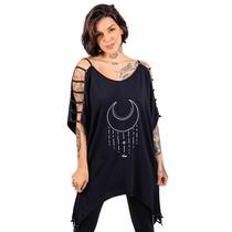 Blusa Max Manga Customizada Estampada Lua Gola Ampla